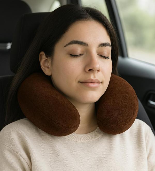 Peluş U Tipi Boyun Yastığı Yumuşak ve Ergonomik Seyahat Konforu Koyu Kahverengi - Image 1
