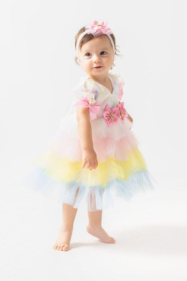 Ponpon Baby 1 Yaş Kız Bebek Renkli Katkat Tüllü Prenses Elbisesi Doğum Günü Kıyafeti - Image 1