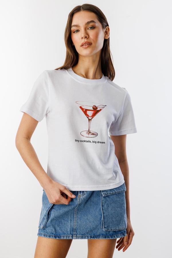 Kadın Cocktail Baskı Desenli Kısa Kollu Organik Pamuklu Bisiklet Yaka Crop T-shirt COCKTAIL-T-SHIRT - Image 1