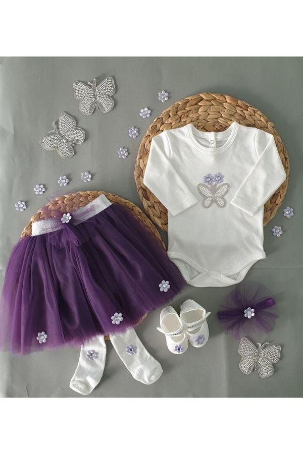 Petite Ponpon Baby Kız Bebek Taşlı Kelebekli Papatyalı Tütü Etek Seti Özel Gün Parti Elbisesi - Image 1