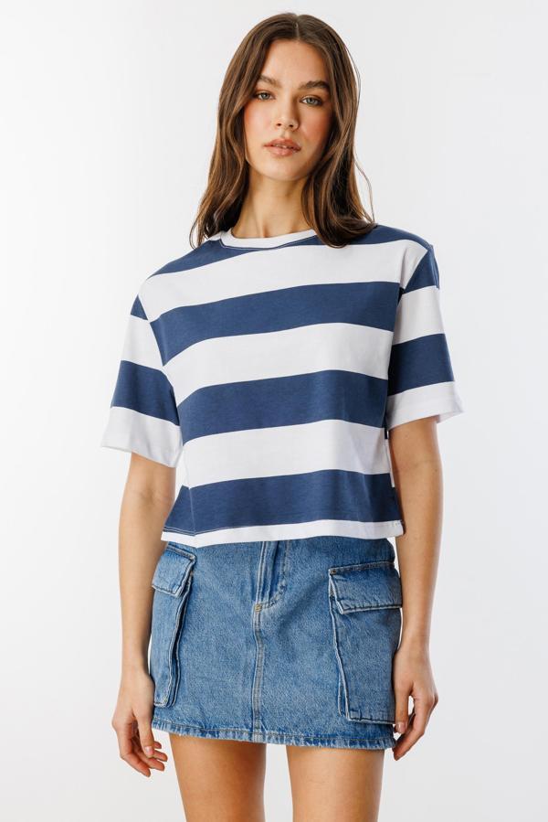 Boxy Fit Bisiklet Yaka Çizgili Basic Kısa Kollu Tişört CROP-ÇİZGİLİ - Image 1