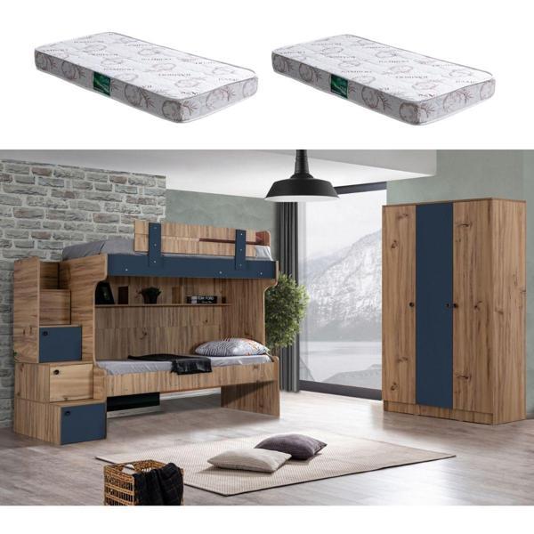 Ranza, Riva Merdivenli 2'li Ranza + 3 Kapılı Dolap + 2 Adet Comfort Yatak - Image 1