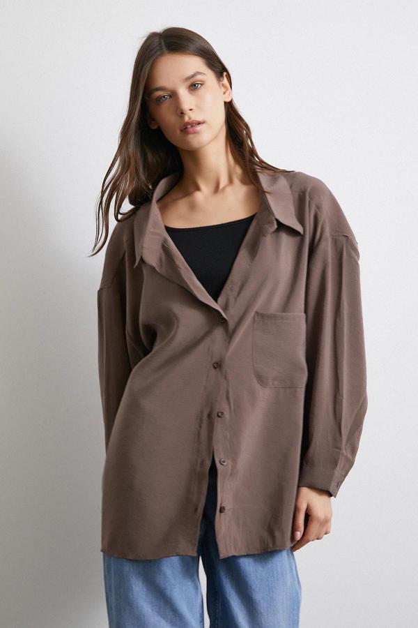 Oversize Cepli Modal Gömlek Kahve - Image 1