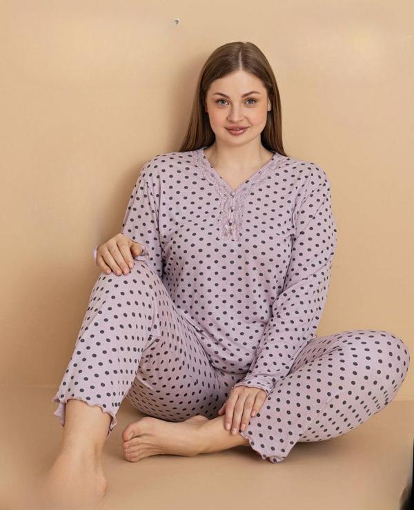 Pijamerry Kadın Büyük Beden Dantel Yaka Bambu Uzun Kol İnce Pijama Takımı 5675 - 1 Adet - Image 1