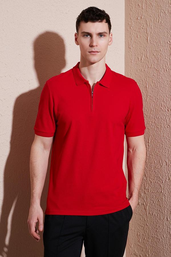 Buratti Pamuklu Regular Fit Yarım Fermuarlı Erkek Polo Yaka T Shirt 5903008 KIRMIZI - Image 1