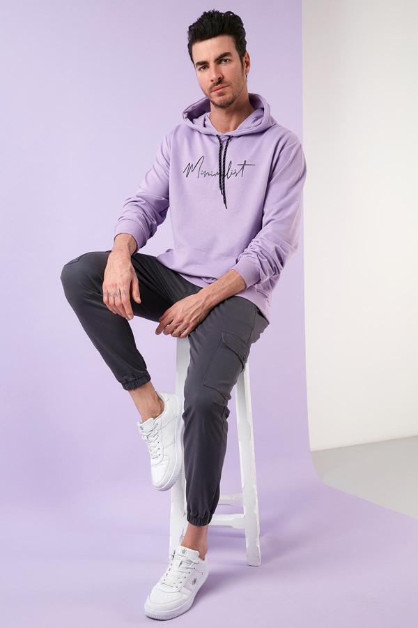 Buratti Slim Fit Baskılı Kapüşonlu Kanguru Cepli Pamuklu Erkek Sweat 5414019 LİLA - Image 1