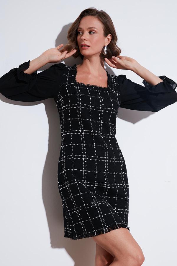 Lela Regular Fit Kare Yaka Balon Şifon Kollu Mini Bayan Elbise 611EL0532 SİYAH - Image 1