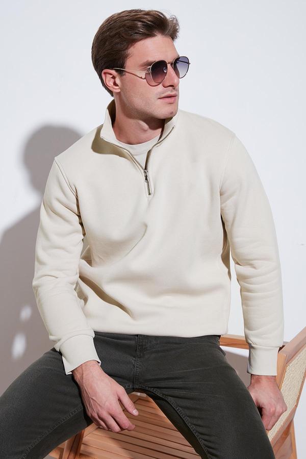 Buratti Pamuklu Regular Fit Yarım Fermuarlı Dik Yaka Erkek Sweat 59052592 KUM - Image 1