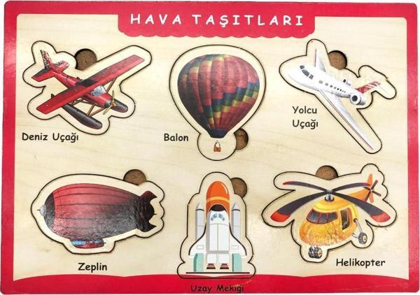 Farbu Oyuncak Ahşap Bultak Puzzle 6 Parça Arka Yüzü Yazı Tahtalı Yapboz Hava Taşıtları - Image 1
