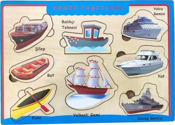 Farbu Oyuncak Ahşap Bultak Puzzle 8 Parça Arka Yüzü Yazı Tahtalı Yapboz Deniz Taşıtları - Image 1
