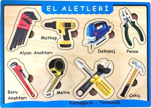 Farbu Oyuncak Ahşap Bultak Puzzle 8 Parça Arka Yüzü Yazı Tahtalı Yapboz El Aletleri - Image 1