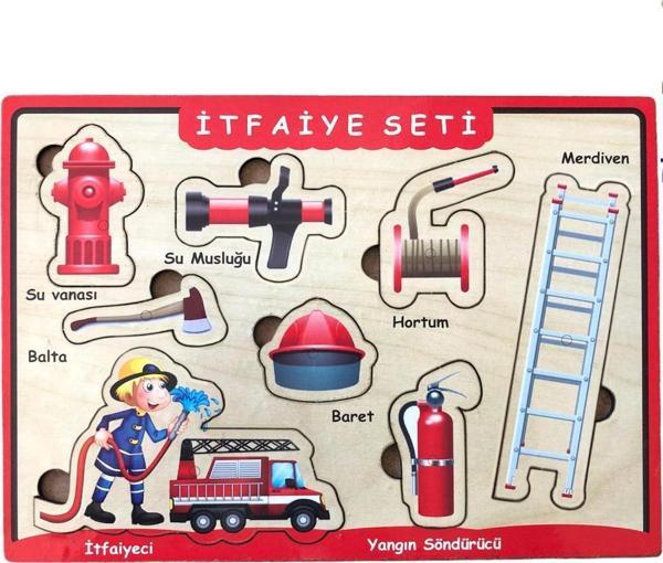 Farbu Oyuncak Ahşap Bultak Puzzle 8 Parça Arka Yüzü Yazı Tahtalı Yapboz İtfaiye Seti - Image 1