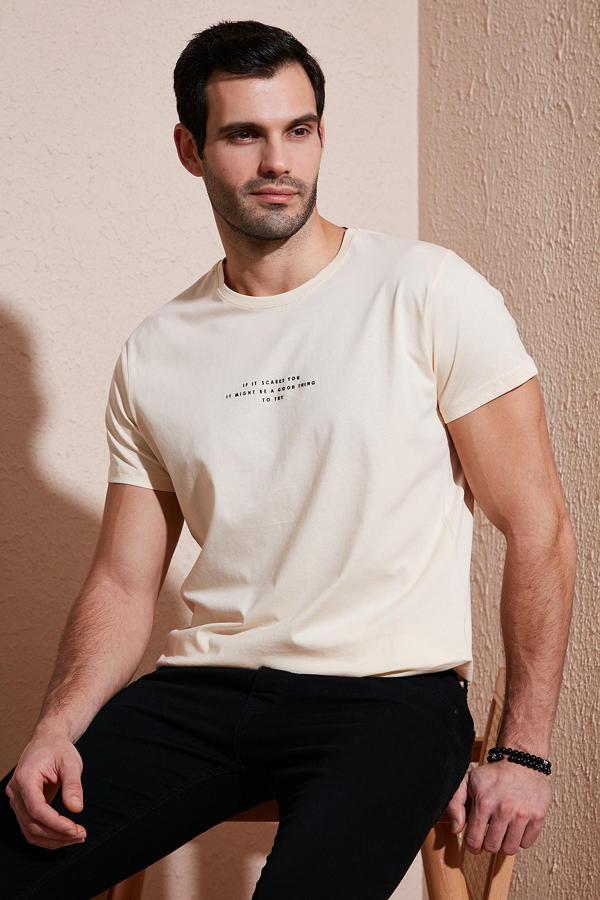 Buratti Pamuklu Slim Fit Bisiklet Yaka Erkek T Shirt 541IFIT BEJ - Image 1