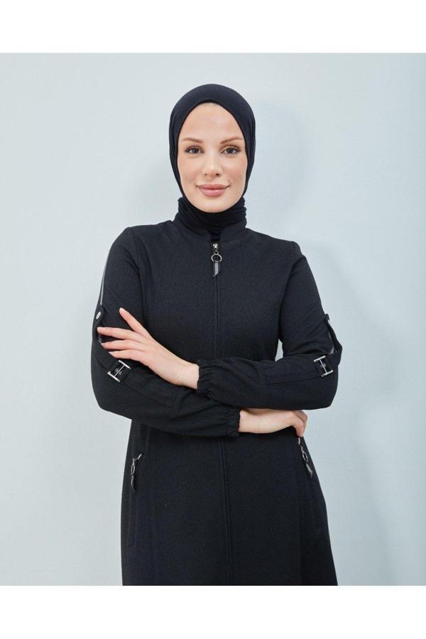 Limante Kolu Şerit Detaylı Maya Kumaş Siyah Pardesü - Image 1