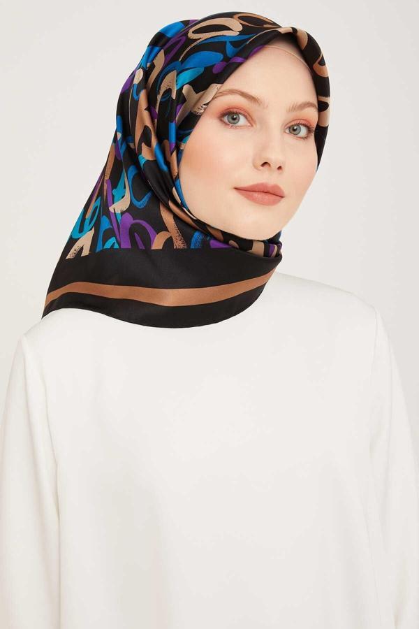 Armine Kahve Harf Desenli Tivil Ipek Eşarp 9006-08 - Image 1