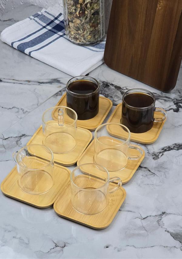 6lı Kahve Fincan Takımı - Bambu Tabaklı Kahve Fincan Seti - 12 Parça - 100 ML - Image 1