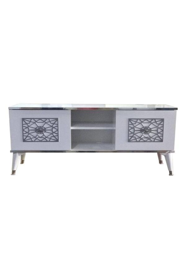 Evim-E Aksesuar 140 Cm Cnc Kesim Eko Tv Sehpası & Ünitesi - Beyaz & Nikel - Image 1