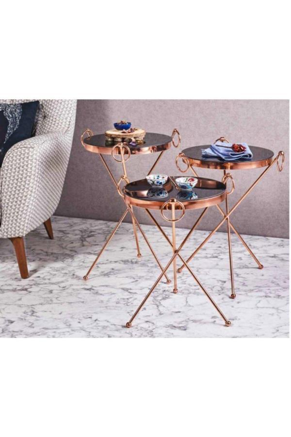 Evim-E Aksesuar Küpeli Metal 3'Lü Zigon Sehpa Bakır (Rose Gold) Kaplamalı Yuvarlak - Siyah Temperli Cam - Image 1