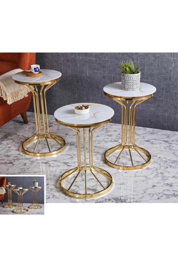 Evim-E Aksesuar Bufalo Metal 3'Lü Zigon Sehpa Yuvarlak Gold (Altın) Kaplamalı - Gold Mermer Temperli Cam - Image 1