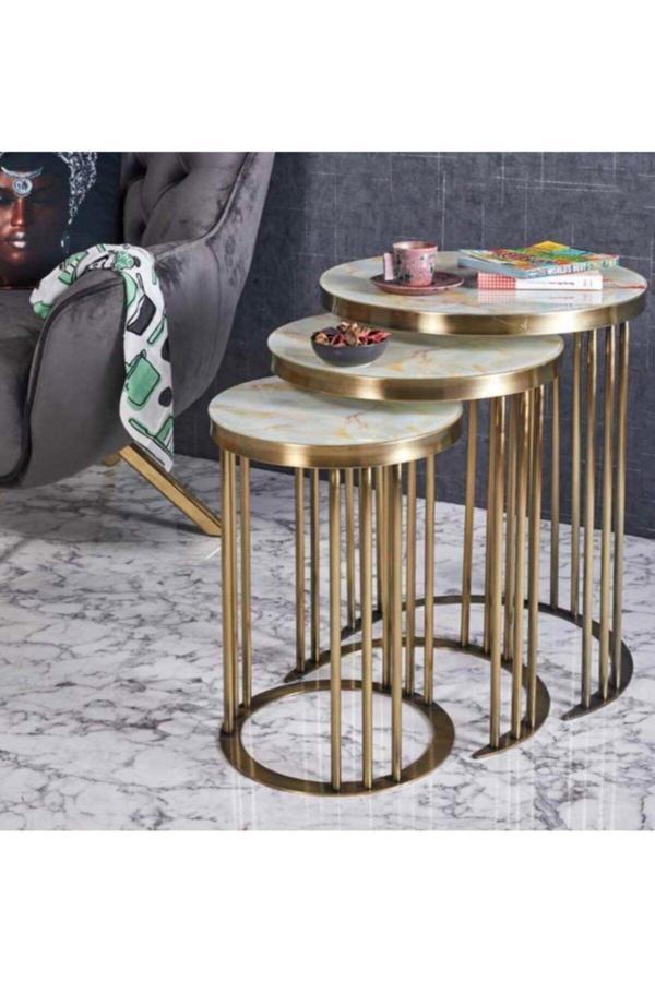 Evim-E Aksesuar C Metal Içiçe Girebilen 3'Lü Zigon Sehpa Yuvarlak Gold Eskitme - Gold Mermer Temperli Cam - Image 1