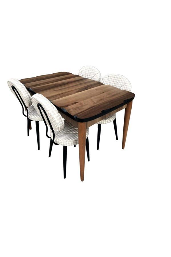 Evim-E Aksesuar Mdf Ceviz Açılır Kütük Masa + 4 Adet Midye Metal Döşemeli Sandalye - Image 1