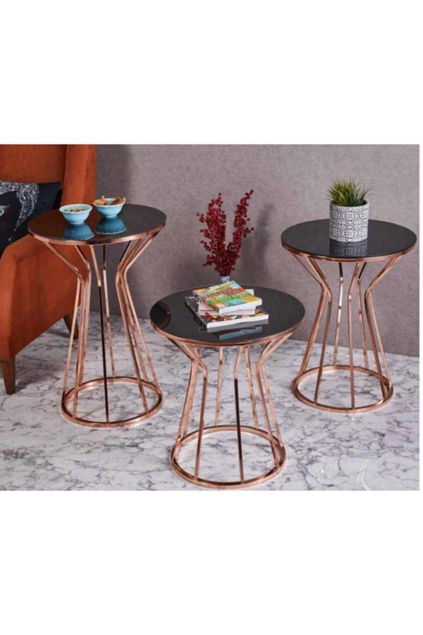 Evim-E Aksesuar Cadde Metal 3'Lü Zigon Sehpa Yuvarlak Bakır (Rose Gold) Kaplama - Siyah Temperli Cam - Image 1