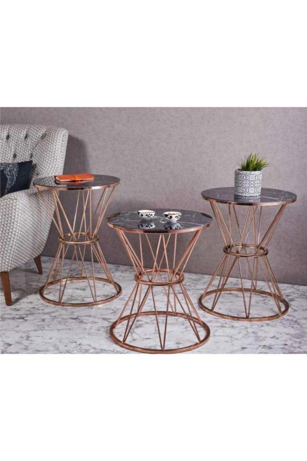 Evim-E Aksesuar Şato Metal 3'Lü Zigon Sehpa Bakır (Rose Gold) Kapalma Yuvarlak- Siyah Mermer Temperli Cam - Image 1