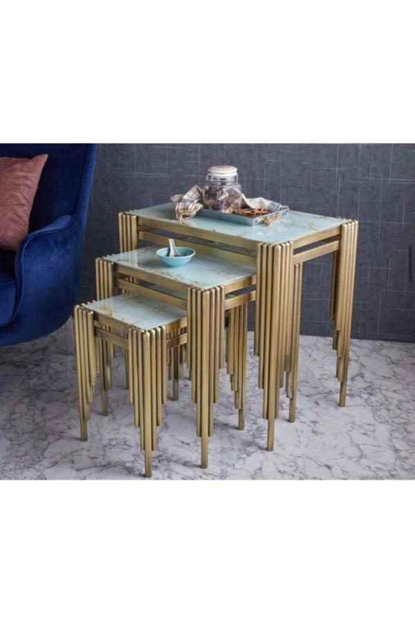 Evim-E Aksesuar Şayn Borulu Metal 3'Lü Zigon Sehpa Gold Eskitme Kaplamalı - Gold Mermer Temperli Cam - Image 1
