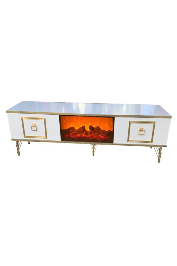 Evim-E Aksesuar Şömineli Tv Sehpası Özel Yapım Beyaz-Gold 202 Cm - Image 1