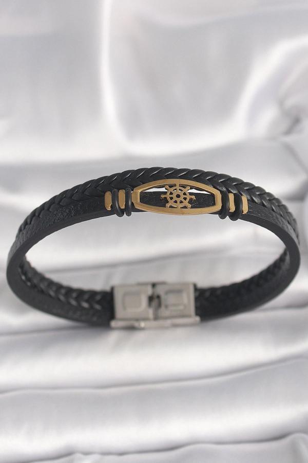 316L Çelik Gold Renk Gemi Dümen Figür Siyah Renk Çift Sıra Burgu Desenli Deri Kordon Erkek Bileklik  - Image 1