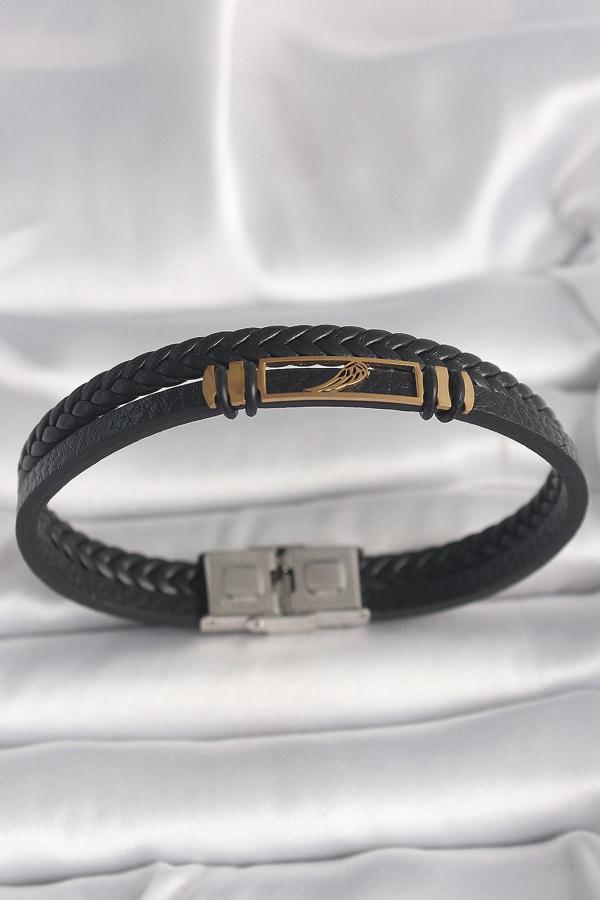 316L Çelik Gold Renk Kanat Aksesuarlı Siyah Burgu Model Deri Kordon Erkek Bileklik - TJ-EB3703 - Image 1