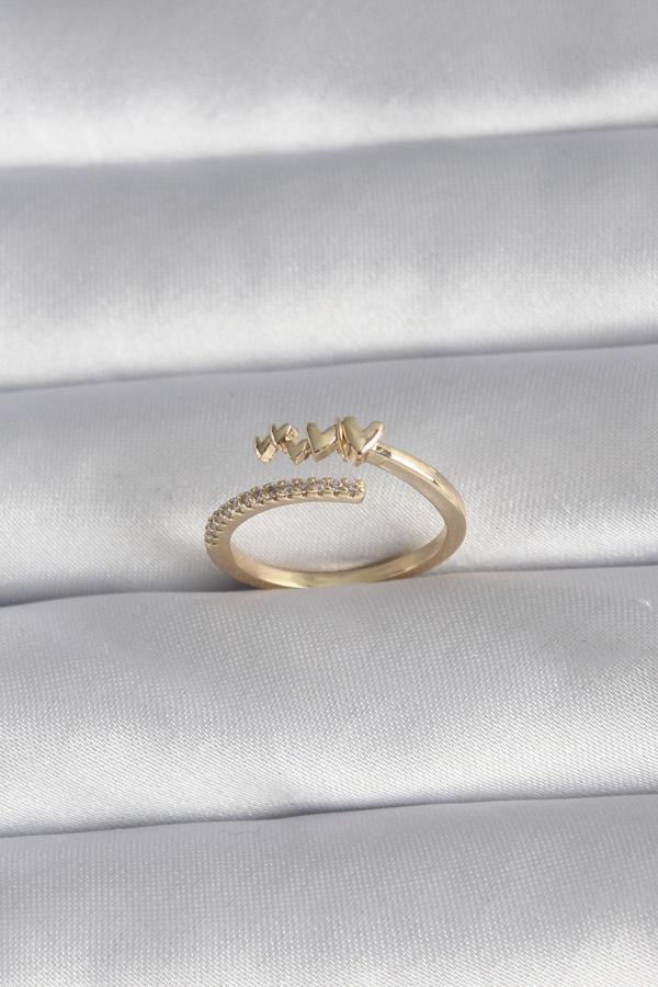 Pirinç Gold Renk Zirkon Taş Detay Kalp Model Kadın Yüzük - TJ-BYK3015 - Image 1