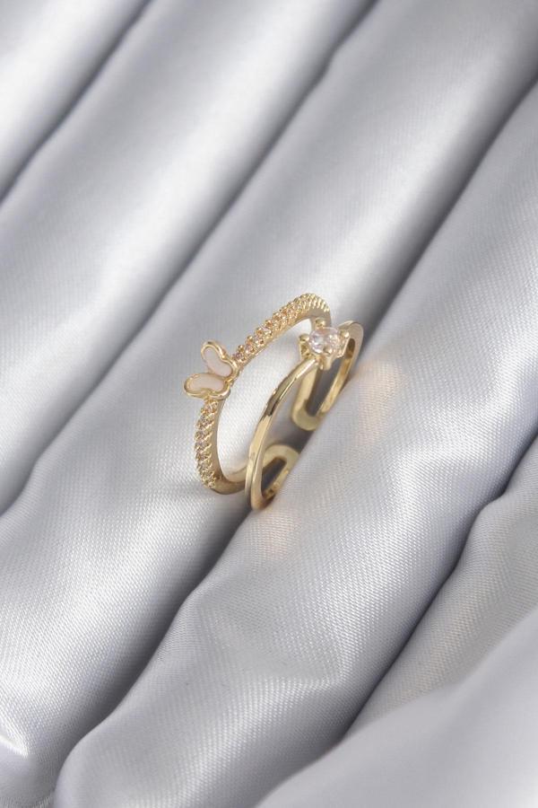 Pirinç Gold Renk Zirkon Taş Detay Kelebek Model Kadın Yüzük - TJ-BYK2933 - Image 1