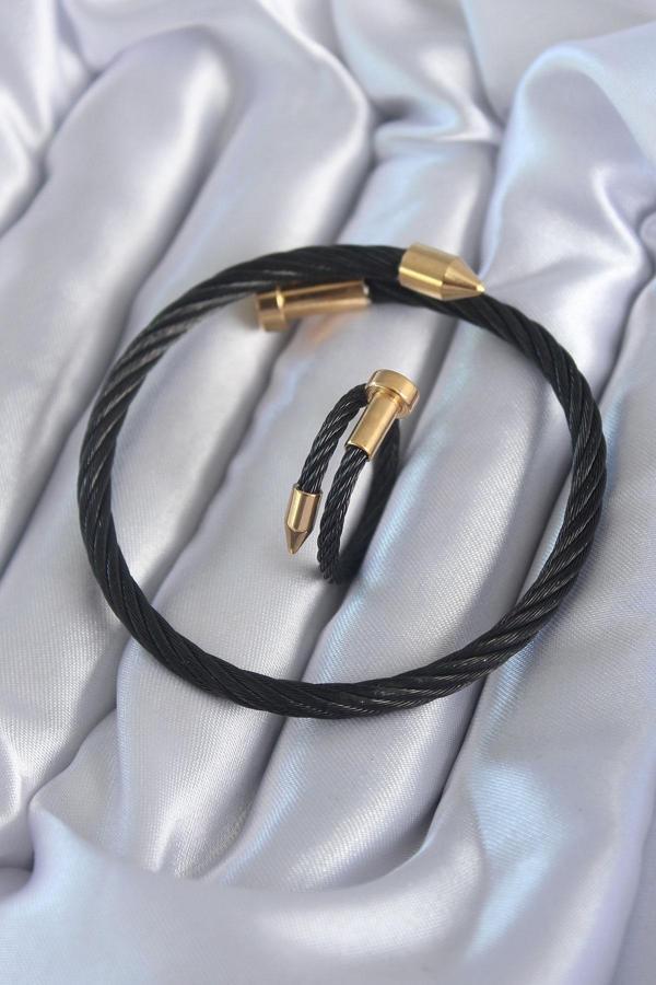 316L Çelik Siyah Renk Gold Detay Sarmal Model Erkek Bileklik Yüzük Kombini - TJ-EB3598 - Image 1
