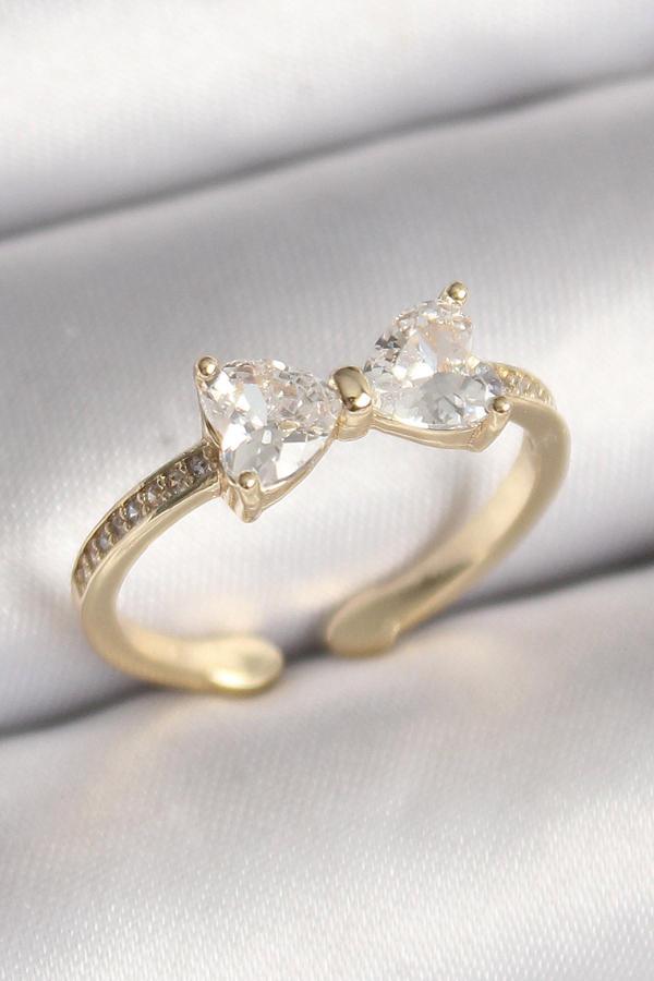 Pirinç Gold Renk Zirkon Taşlı Kalp Fiyonk Model Kadın Yüzük - TJ-BYK3640 - Image 1