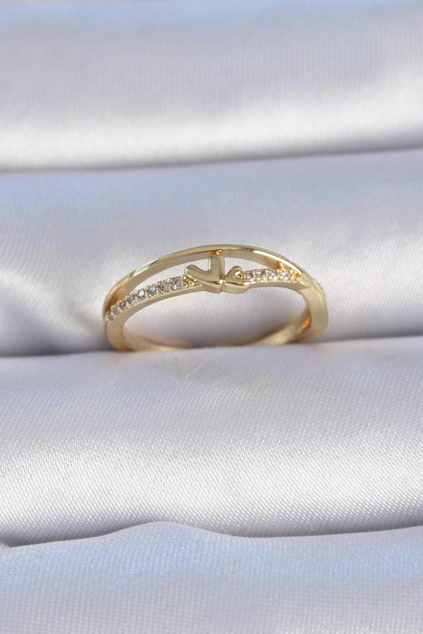 Pirinç Gold Renk Zirkon Taşlı Kalp Model Kadın Yüzük - TJ-BYK3302 - Image 1