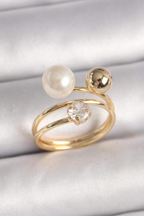 Pirinç Gold Renk Zirkon Taşlı Top İnci Model Kadın Yüzük - TJ-BYK3679 - Image 1