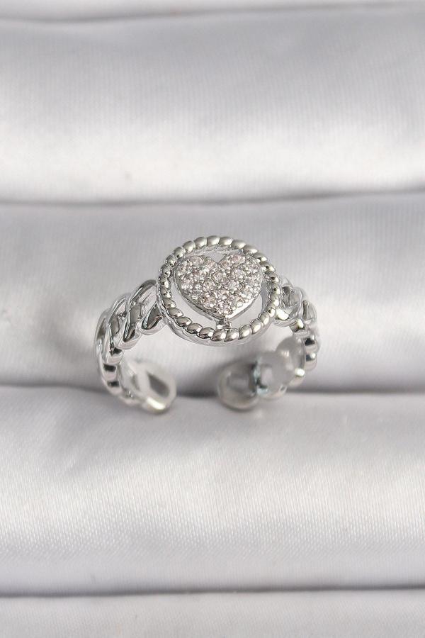 Pirinç Gümüş Renk Zincir Model Zirkon Taşlı Kalp Model Kadın Yüzük - TJ-BYK3587 - Image 1