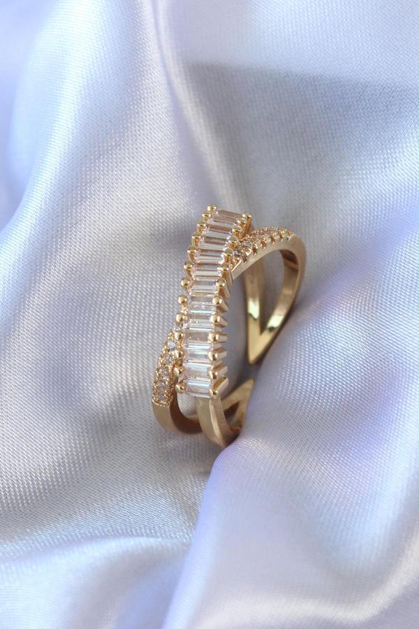 Gold Renk Zirkon Taşlı Pirinç Kadın Yüzük - TJ-BYK2719 - Image 1
