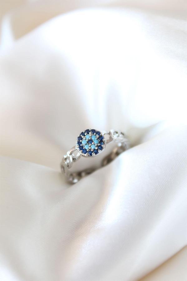 Zirkon Taşlı Nazarlı Gümüş Kaplama Kadın Yüzük - TJ-BYK2318 - Image 1