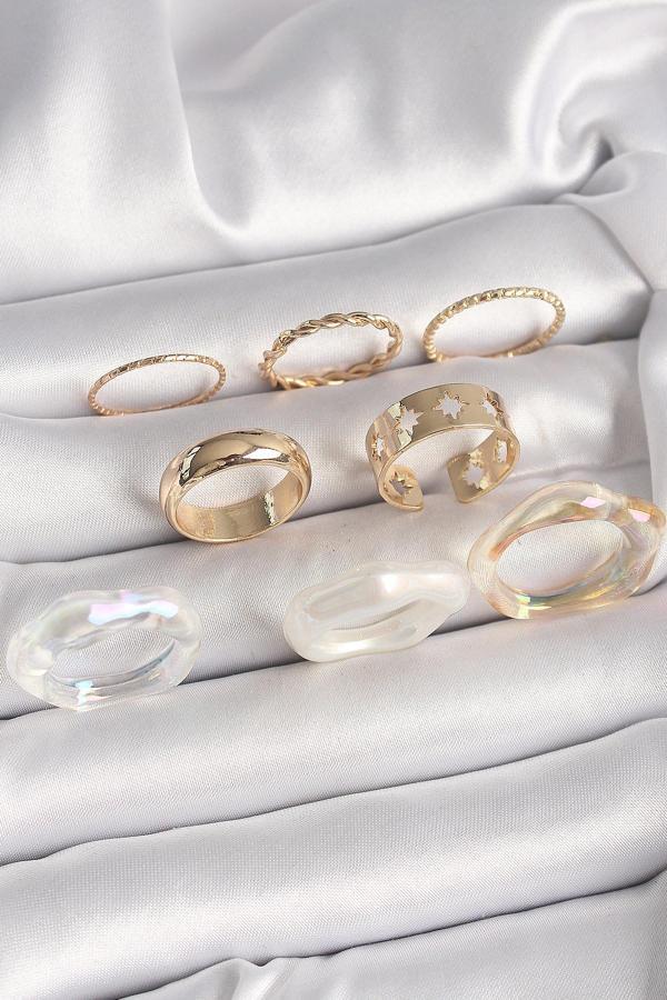 Pirinç Gold Renk Beyaz Akrilik Plastik Modek Kutup Yıldız İşleme Detay Kadın Yüzük Kombini - TJ-BYK3 - Image 1