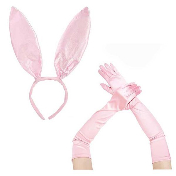Saten Kaplama Soft Pembe Eldiven 40 cm ve Tavşan Kulak 2 li Set - Image 1