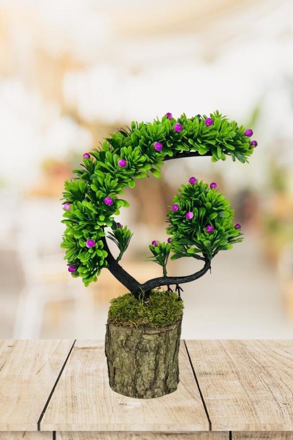 Yapay Çiçek Bonsai Ağacı Kütük Saksıda Lila Tomurcuklu Hilal Model Dekoratif Yapay Ağaç Bonzai 30*20 CM - Image 1