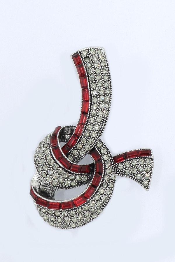 Kırmızı Taşlı Zirkon Gümüş Renk Broş - Image 1