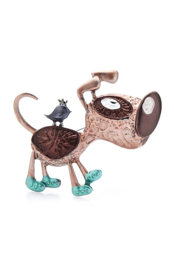 Kuşlu Kahverengi Köpek Broş - Image 1