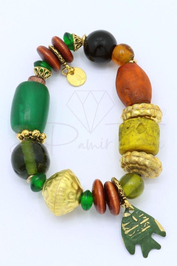 Yeşil Kahve Rengi Cam Seramik Pirinç Ahşap Doğal Taş El Yapımı Bileklik - Image 1