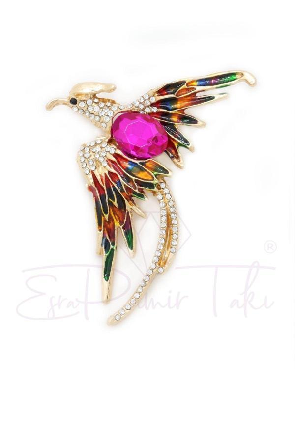 Pembe Zirkon Taşlı Zümrüdü Anka Kuş Broş - Image 1