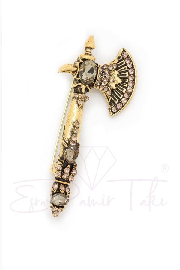 Taşlı Bronz Renk Balta Broş - Image 1