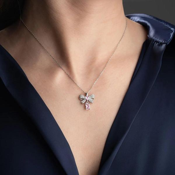 Vaoov 925 Ayar Gümüş Kurdeleli Baget Taşlı Kolye - Image 1