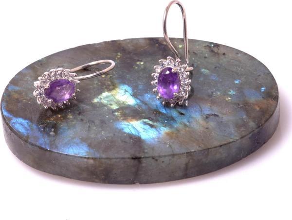 Taş Sandığı Ametist Taşı Gümüş Küpe - Taş Çerçeveli - Image 1